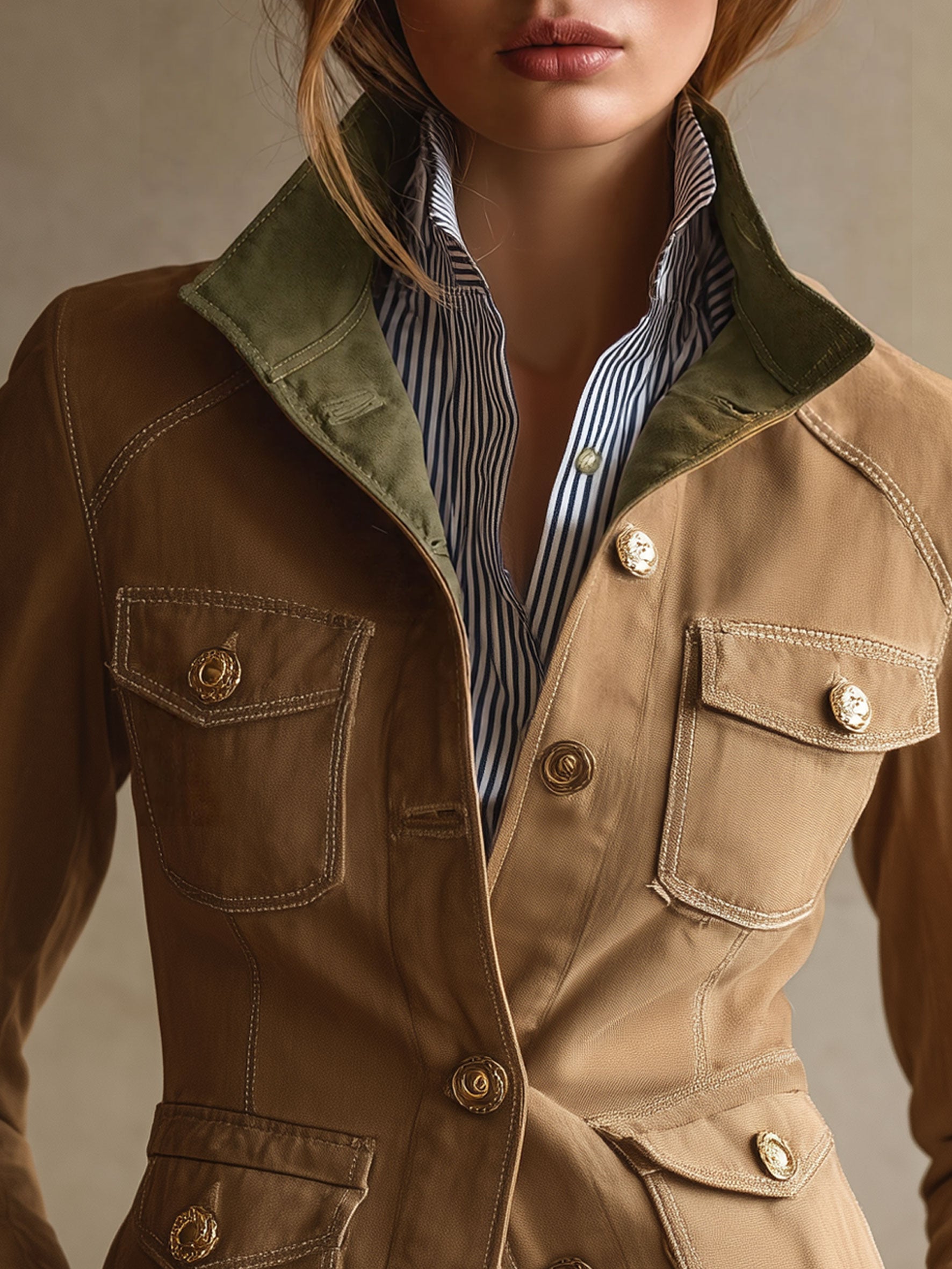 Casual Retro Color-blocked Cotton Multi-pocket Camel Work Jacket