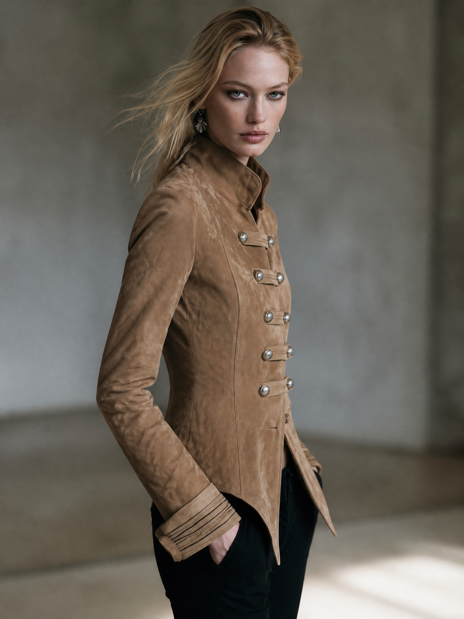 Camel Faux-Suede Stand-Collar Silver-Button Fitted Tailored Military Jacket Women