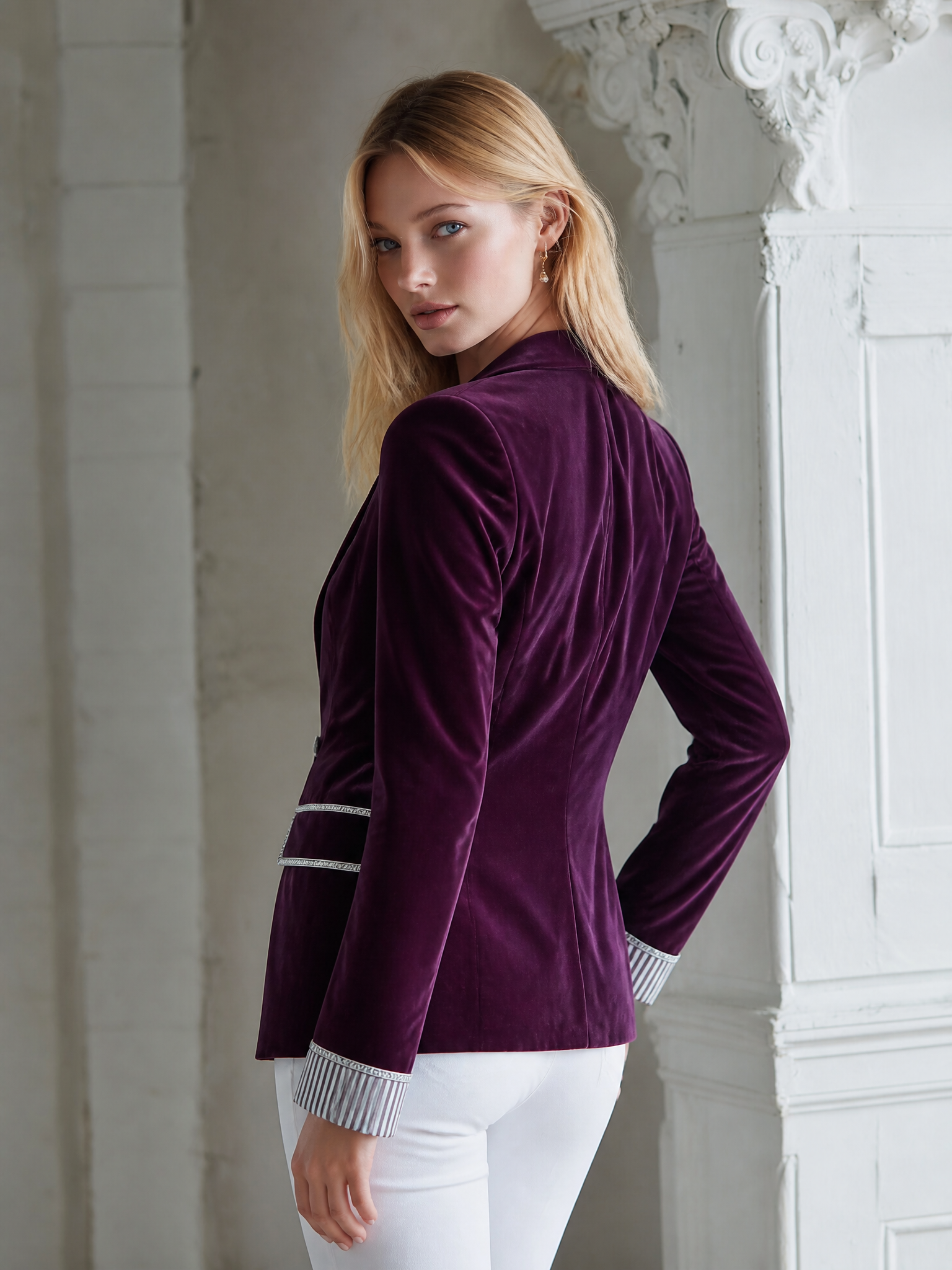 Elegant Vintage Silver Trim Deep Plum-purple Velvet Blazer