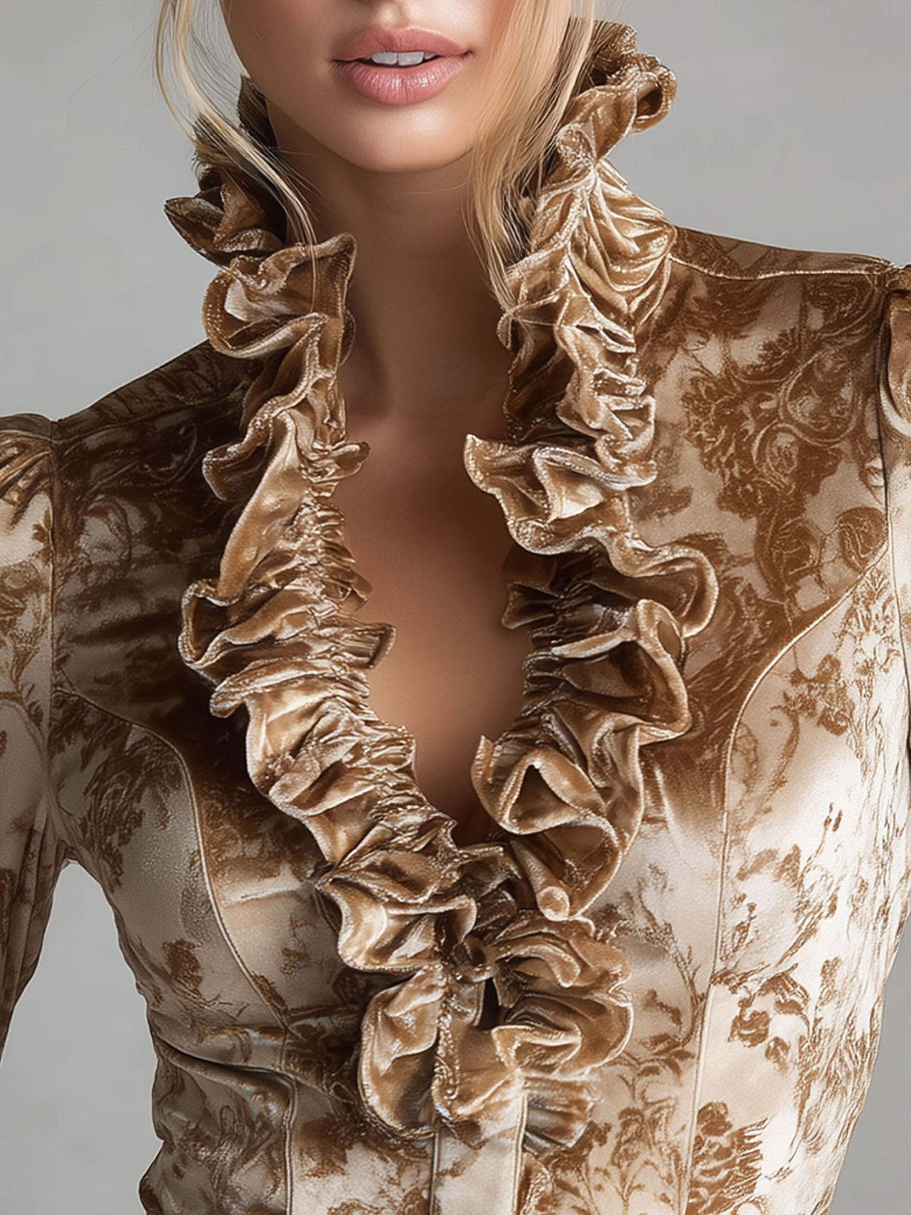 Elegant Retro-print Champagne-colored Velvet Ruffled Long-sleeved Shirt