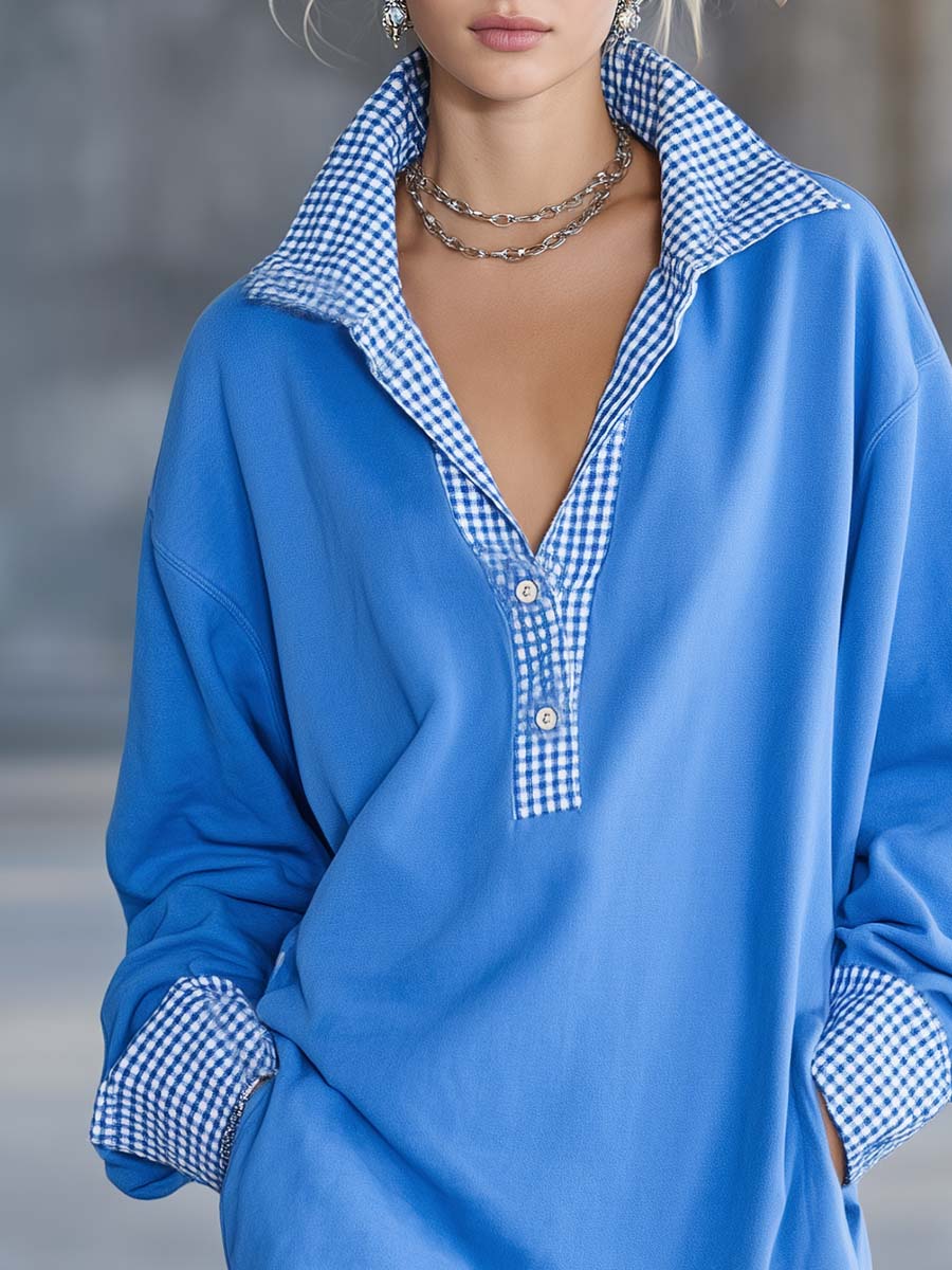 Blue Cotton Gingham-Collar Lace-Hem Oversized Collared Sweatshirt Mini Dress Women