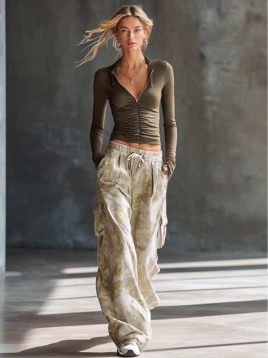 Retro Sporty Olive Ruched Zip Top Camo Wide-Leg Cargo Pants Two-Piece Set