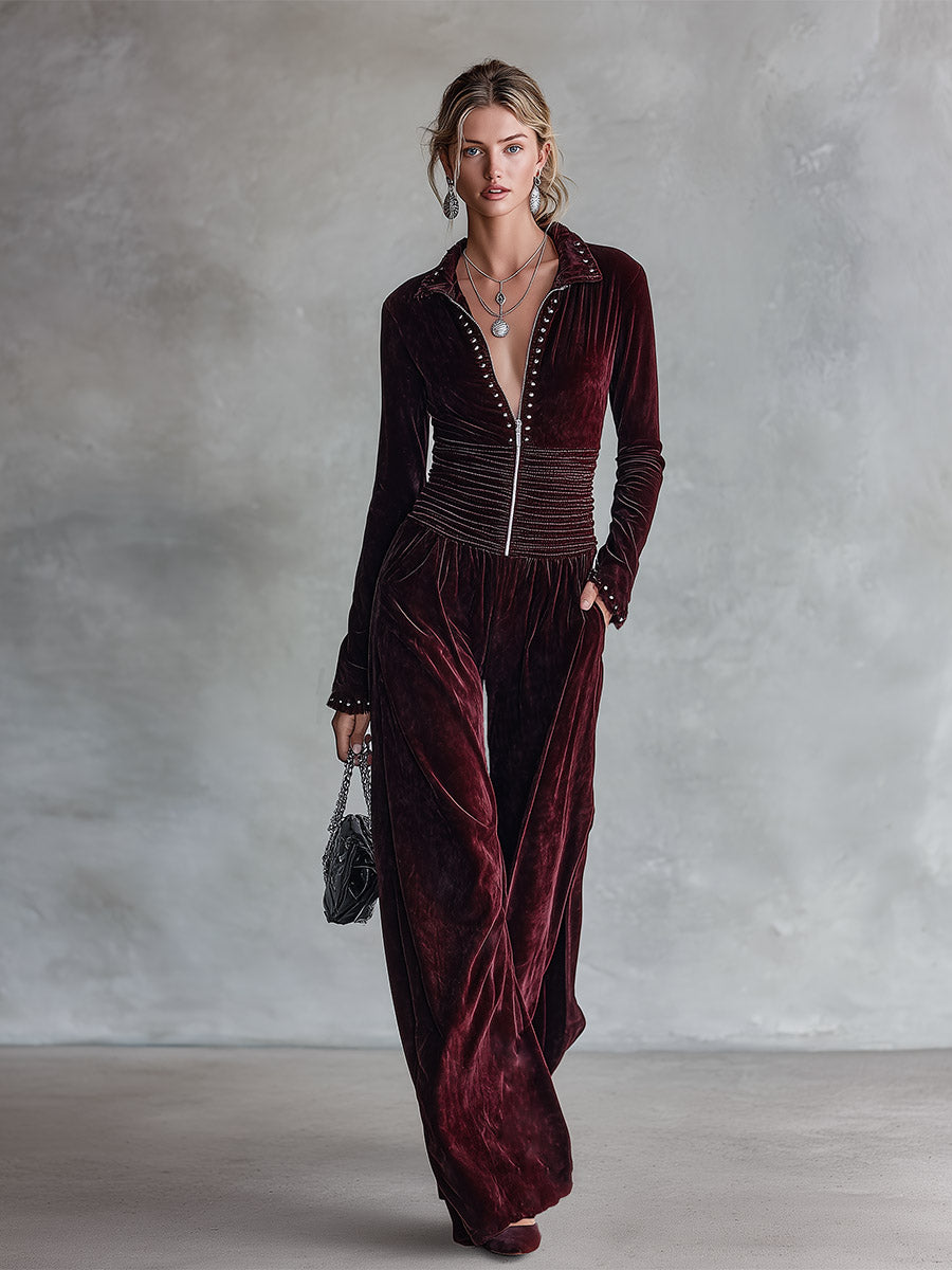 Retro Waist-pleated Burgundy Velvet Long-sleeve Wide-leg Jumpsuit