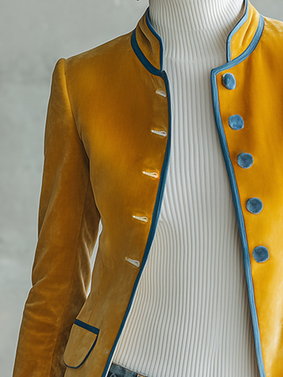 Vintage-luxe Piped Mustard-yellow Velvet Jacket