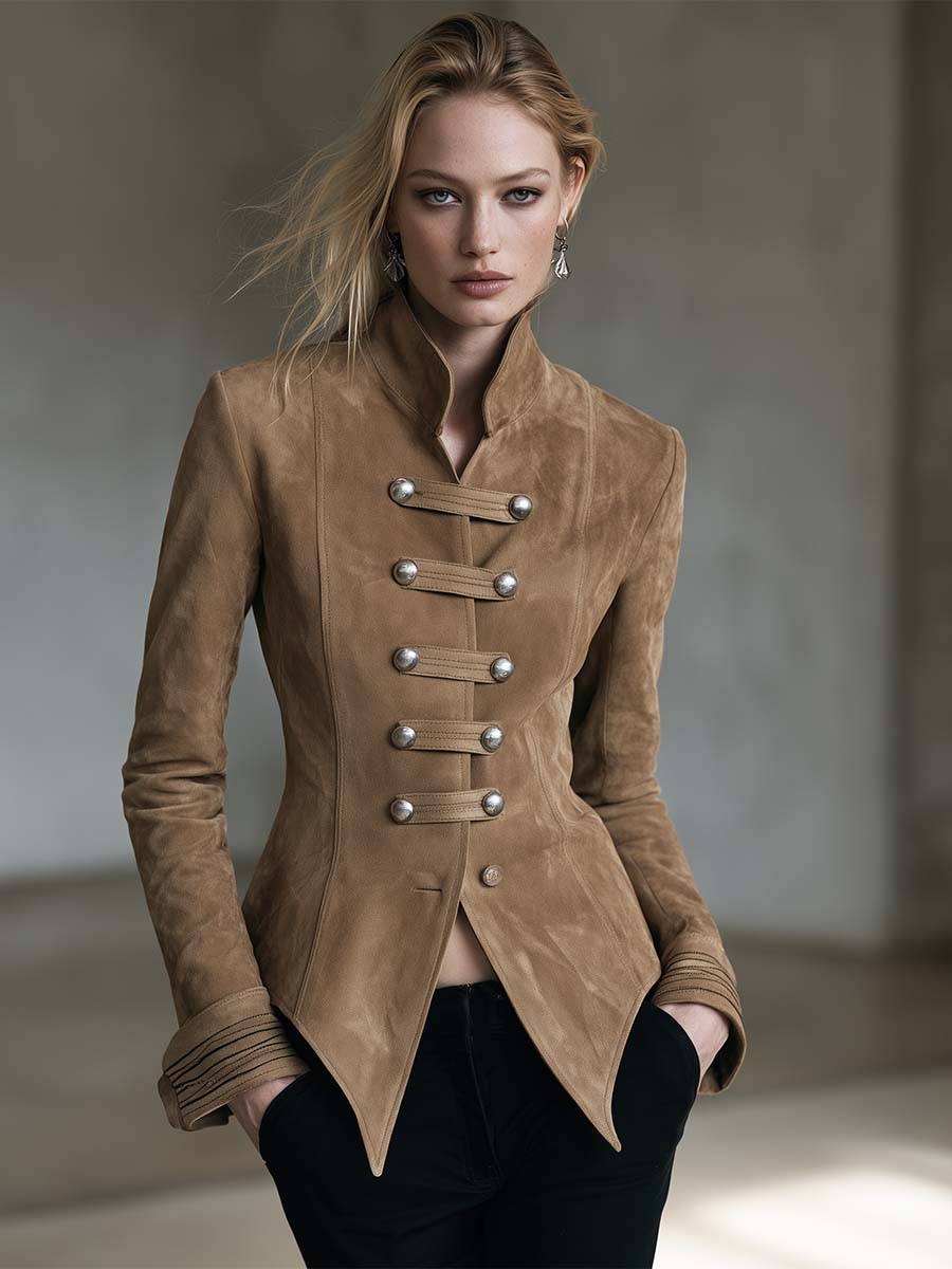 Camel Faux-Suede Stand-Collar Silver-Button Fitted Tailored Military Jacket Women