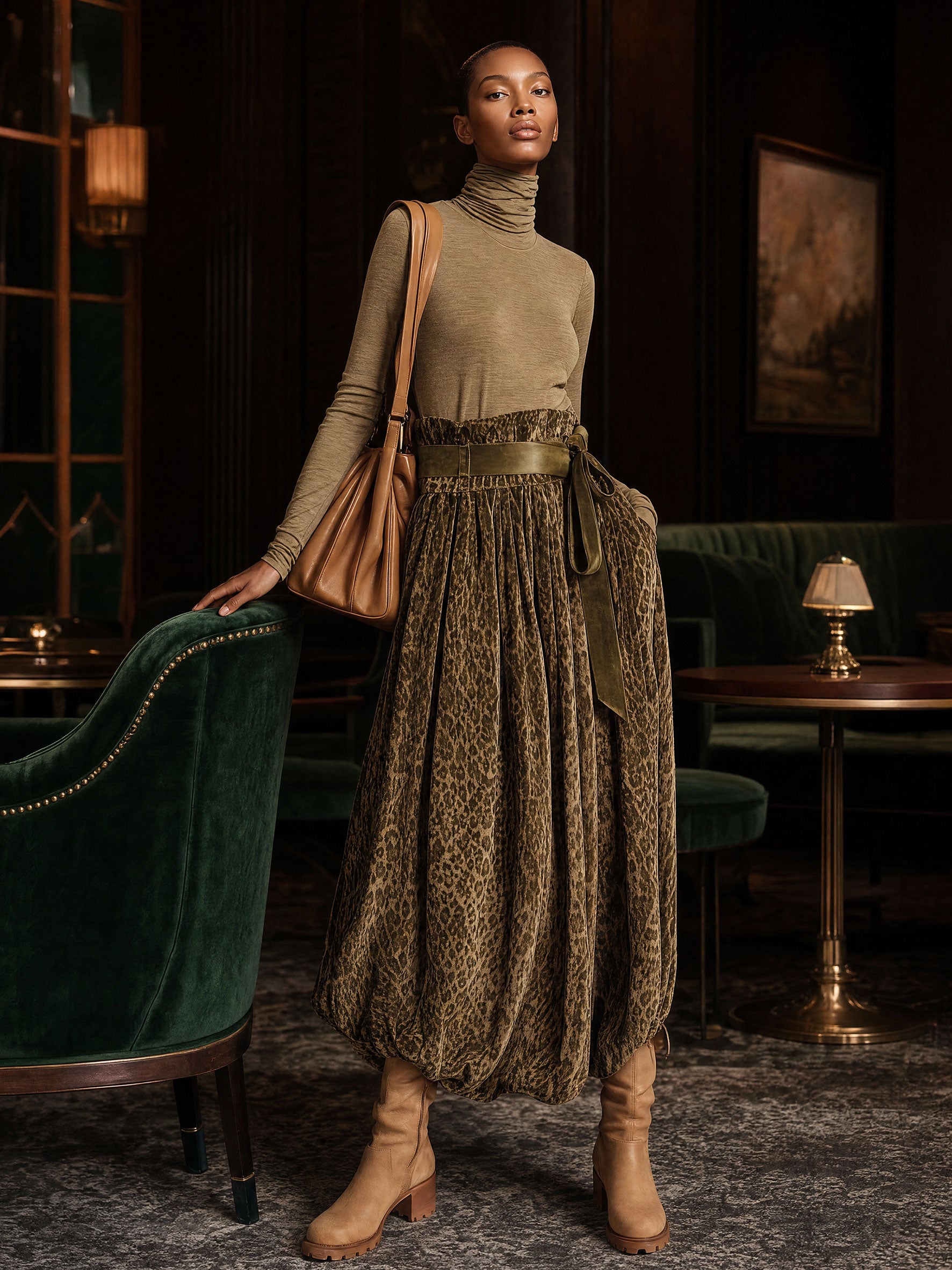 Fashionable Retro Khaki Turtleneck T-shirt And Olive Green Leopard Print Velvet Skirt Set
