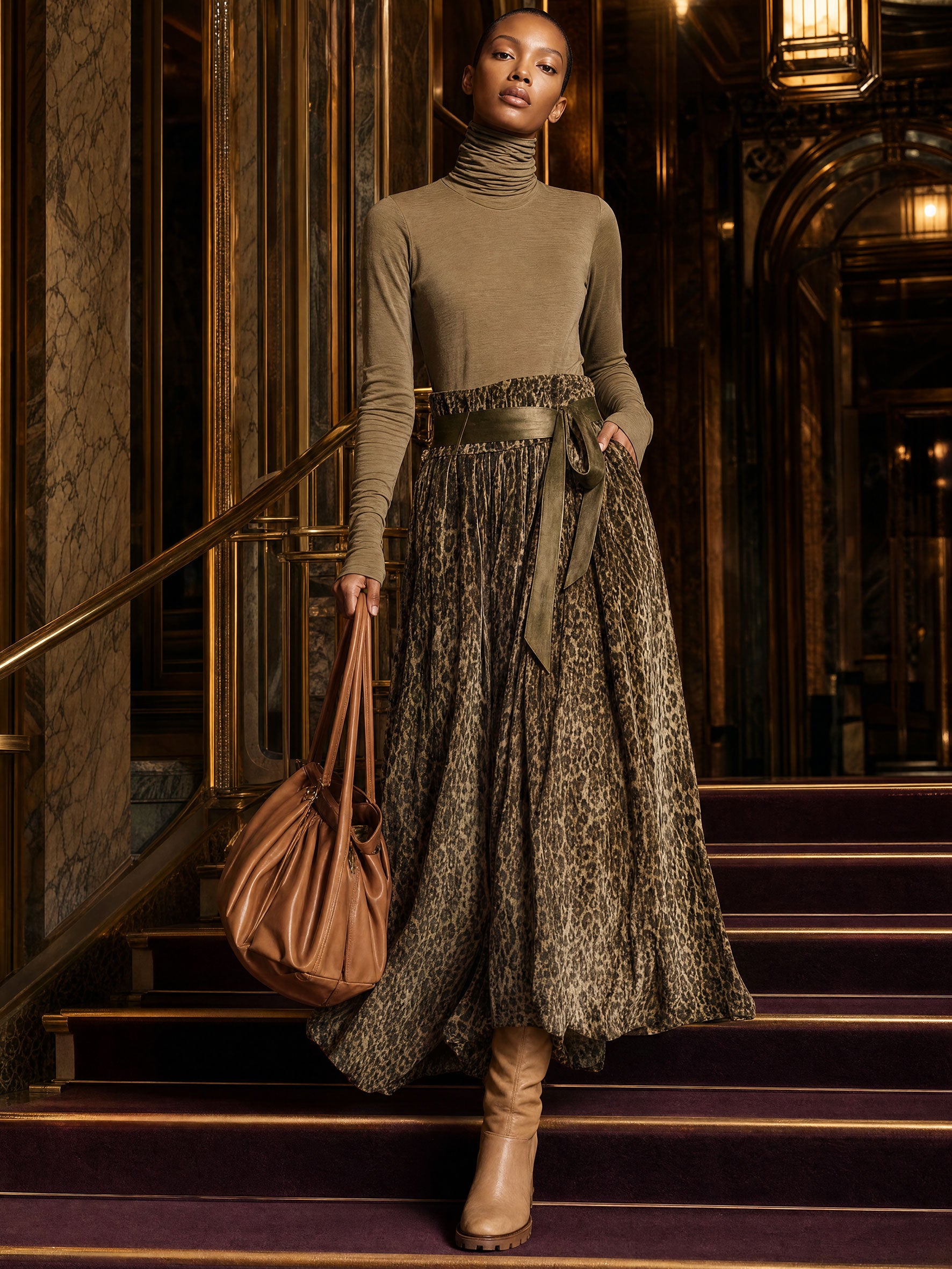 Fashionable Retro Khaki Turtleneck T-shirt And Olive Green Leopard Print Velvet Skirt Set