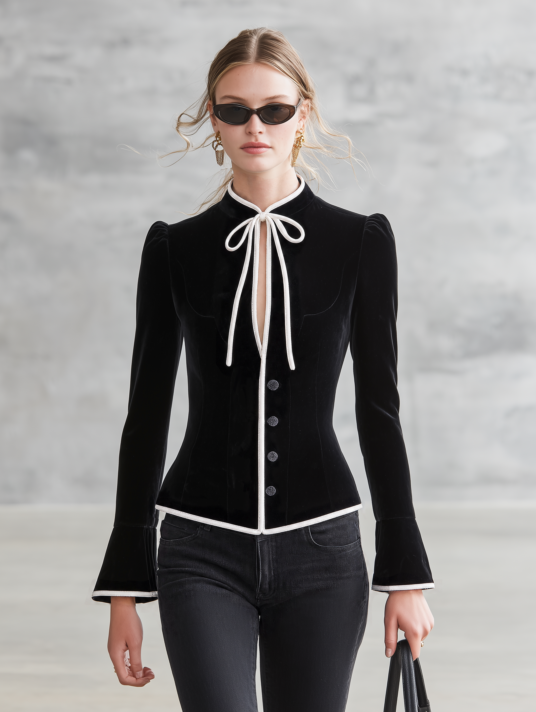 Black Velvet And White Lace-up Top With A Retro Casual And Elegant Style