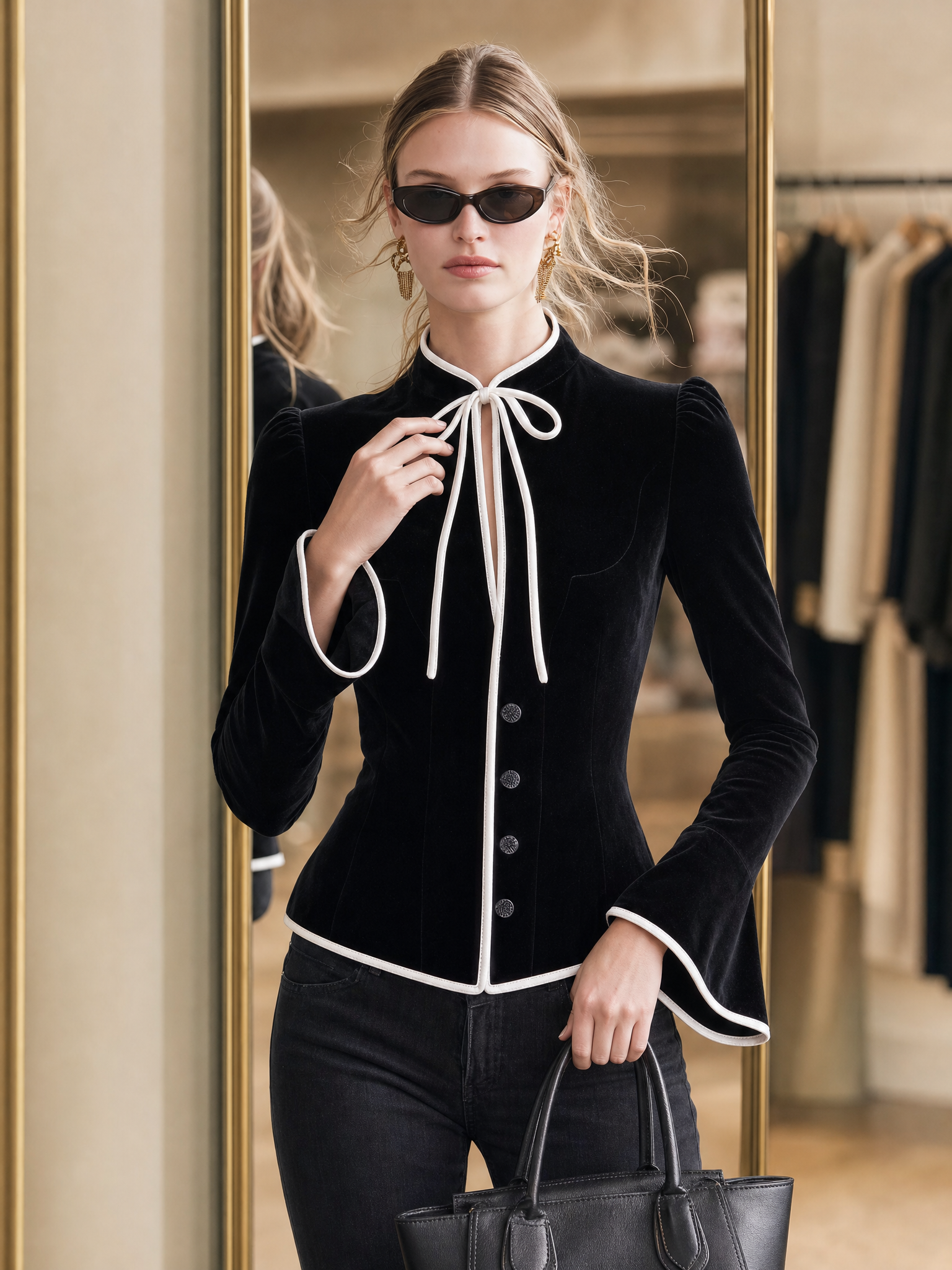 Black Velvet And White Lace-up Top With A Retro Casual And Elegant Style