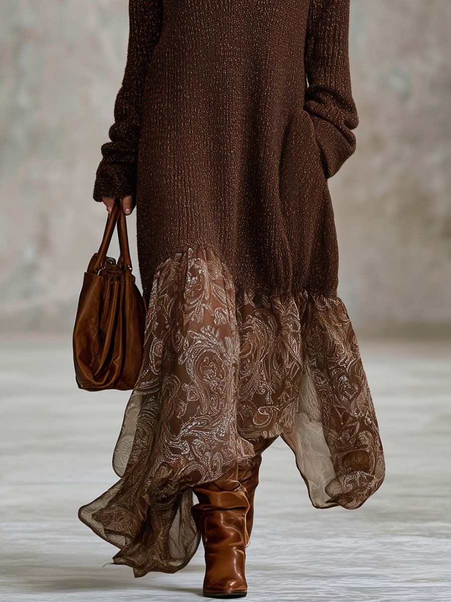 Lazy Brown Sweater Deep-V Paisley Chiffon Handkerchief-Hem Long-Sleeve Boho Maxi Dress