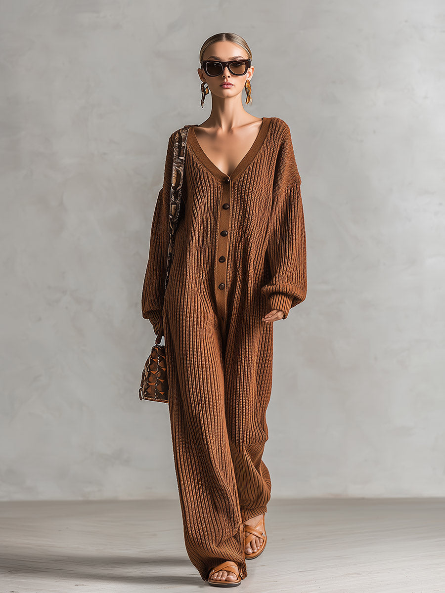 Cozy Relaxed-fit Brown V-neck Ribbed Knit Jumpsuit