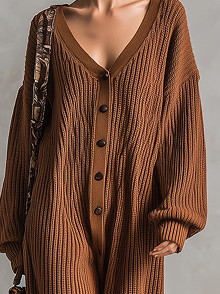 Cozy Relaxed-fit Brown V-neck Ribbed Knit Jumpsuit