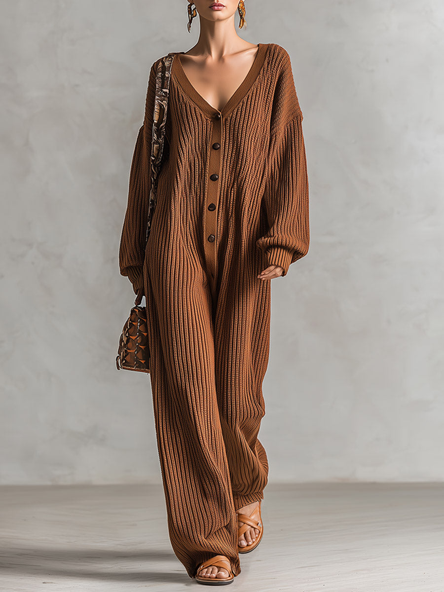 Cozy Relaxed-fit Brown V-neck Ribbed Knit Jumpsuit
