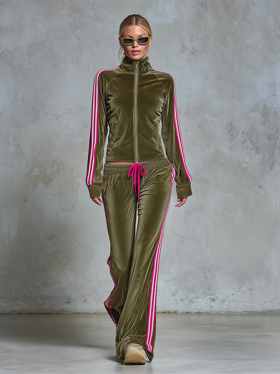 Retro Urban Sporty Stripe-Trim Olive Green Velour Zip-Up Top And Wide-Leg Pants Set