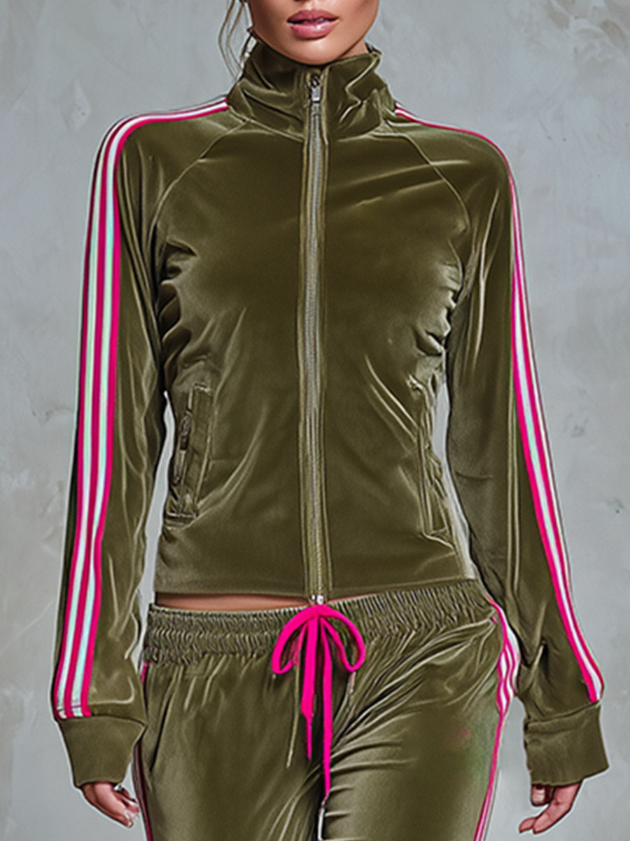 Retro Urban Sporty Stripe-Trim Olive Green Velour Zip-Up Top And Wide-Leg Pants Set