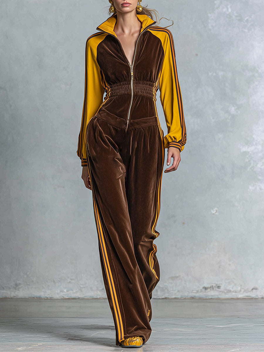 Retro Sporty Style Brown Velour Yellow Raglan Sleeves Front Zipper Wide-Leg Jumpsuit
