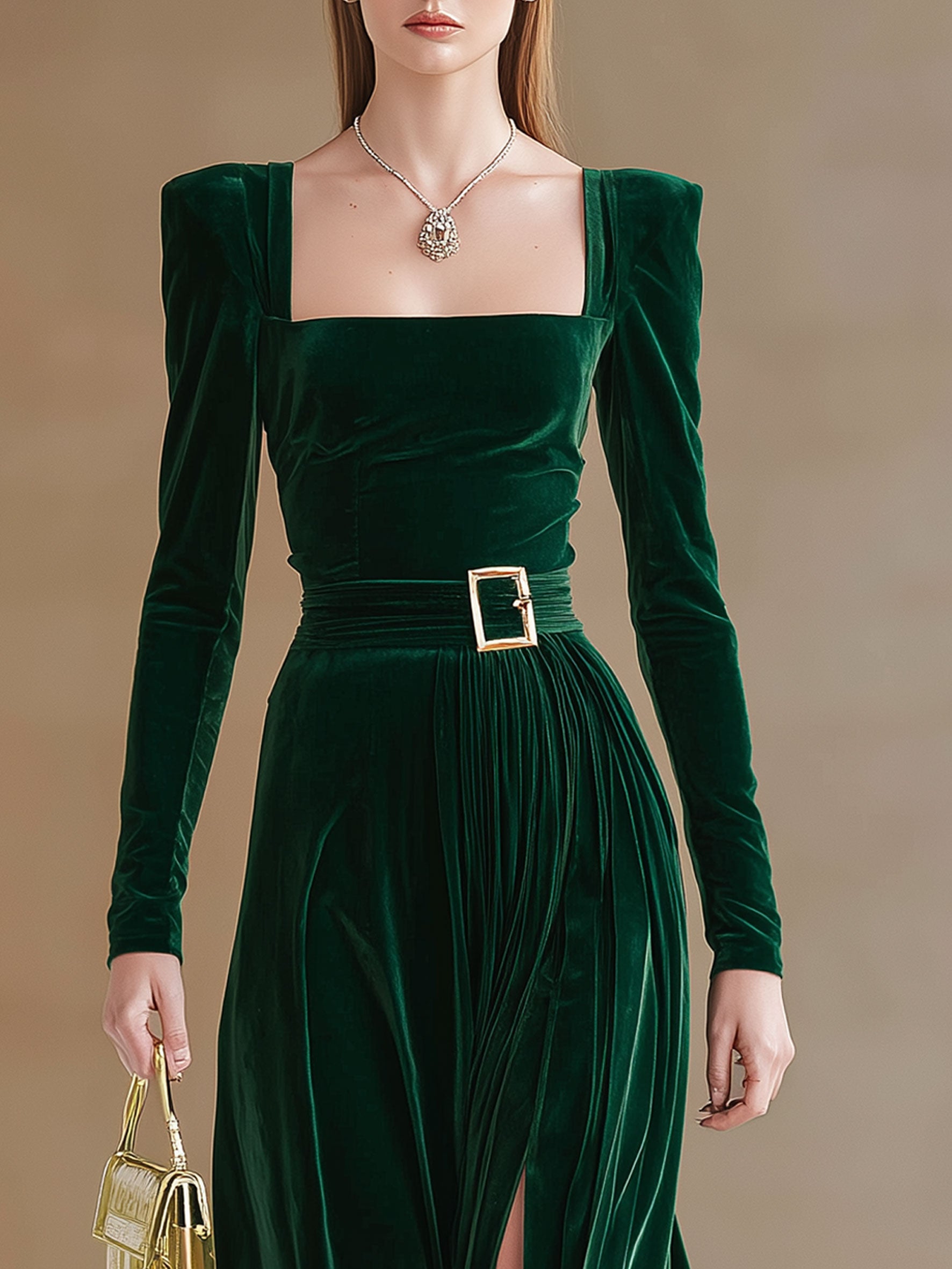 Elegant And Stylish Dark Green Velvet Square Neck Slit Maxi Dress
