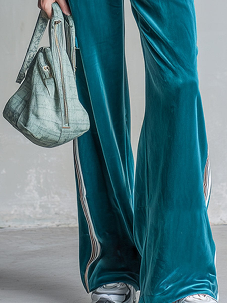 Casual Everyday Striped-Trim Teal Velour Half-Zip Top And Pants Set