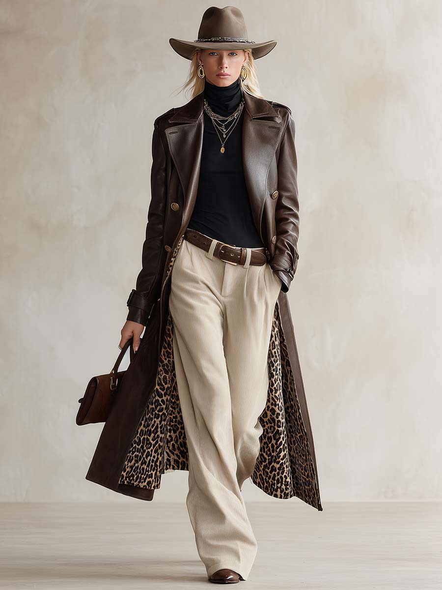 Retro Brown Faux-Leather Peak-Lapel Gold-Button Longline Leopard-Lined Trench Coat Women