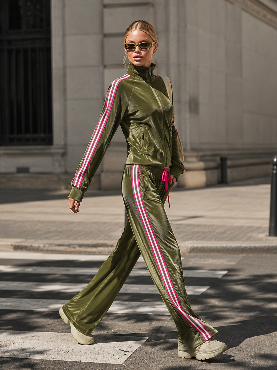 Retro Urban Sporty Stripe-Trim Olive Green Velour Zip-Up Top And Wide-Leg Pants Set