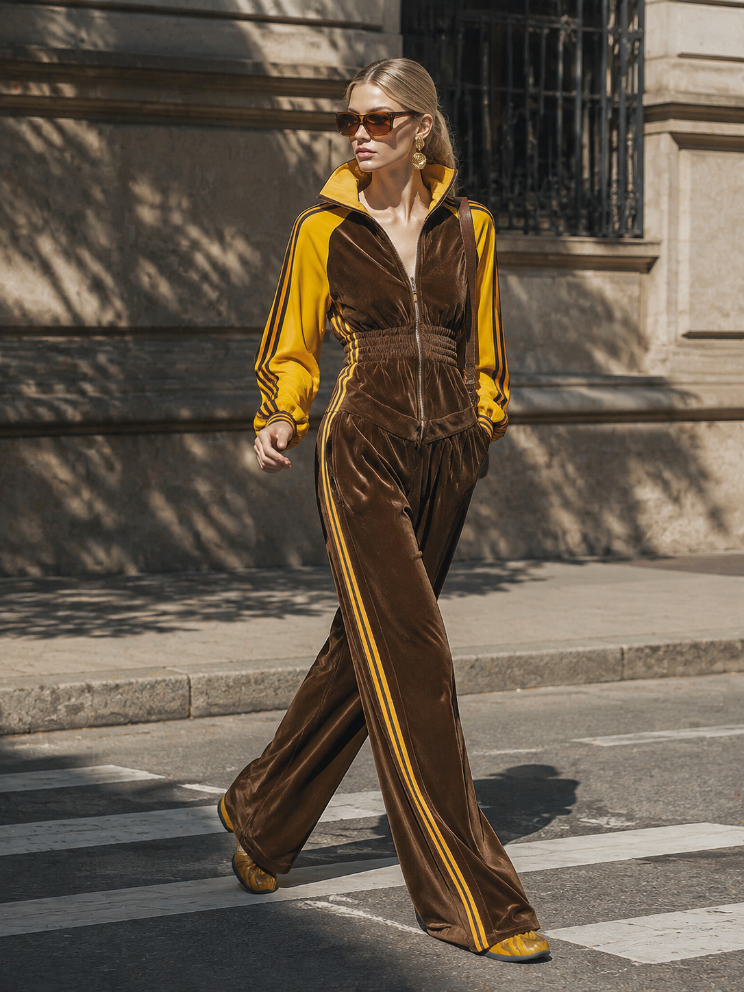 Retro Sporty Style Brown Velour Yellow Raglan Sleeves Front Zipper Wide-Leg Jumpsuit
