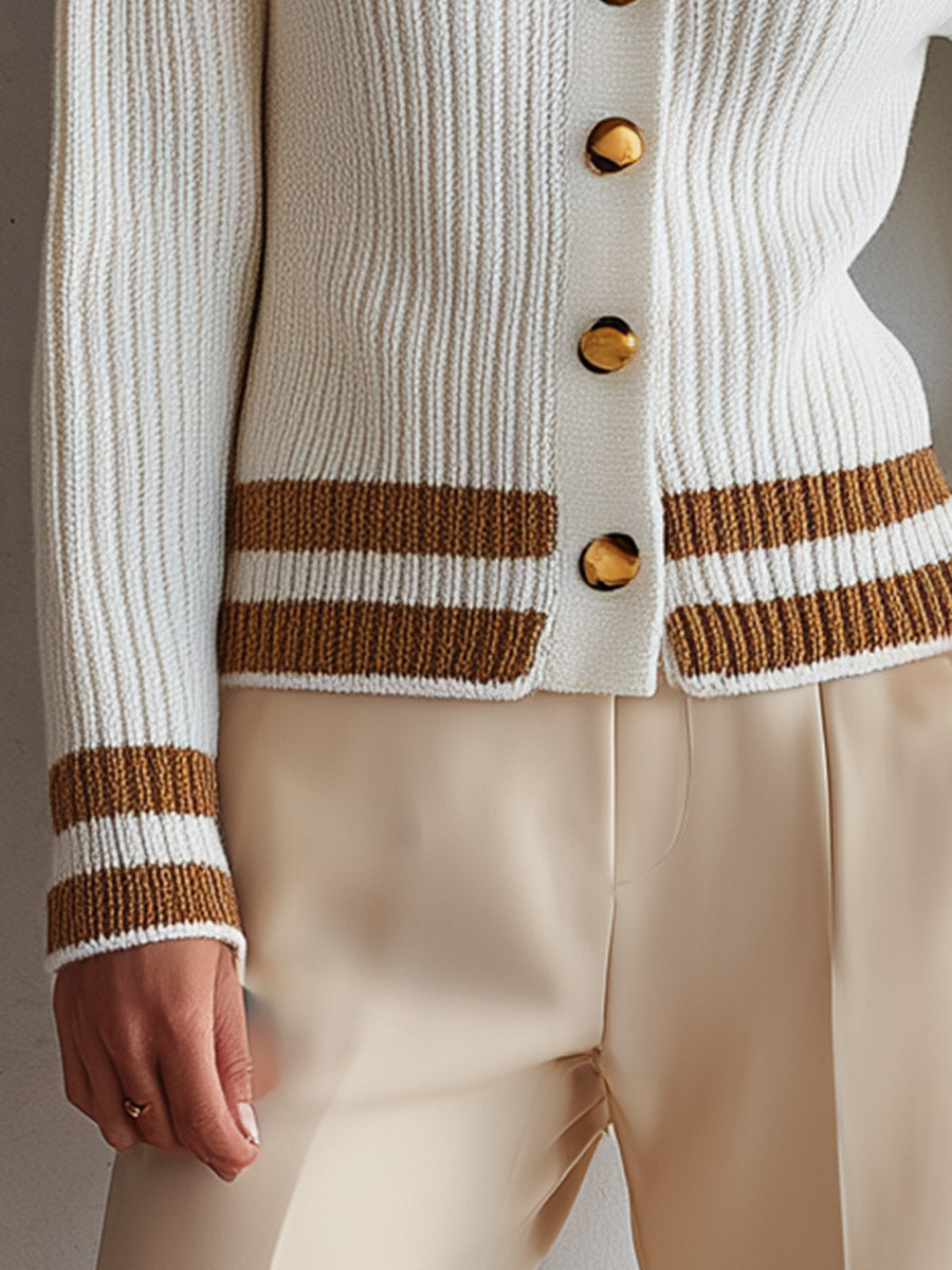 Classic Old Money Style Creamy White Ribbed Knit Cardigan