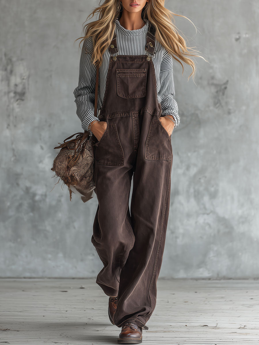 Casual Retro Brown Multi-pocket Denim Overalls