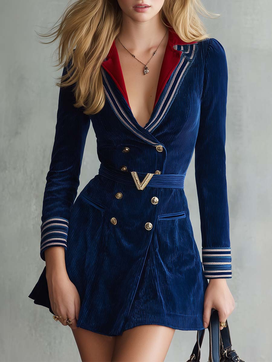 Elegant Retro Color-block Collared Dark Blue Corduroy Mini Dress