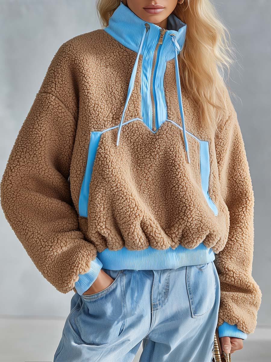 Casual Chic Light Blue Trim Zip-Up Camel Fleece Sweatshirt