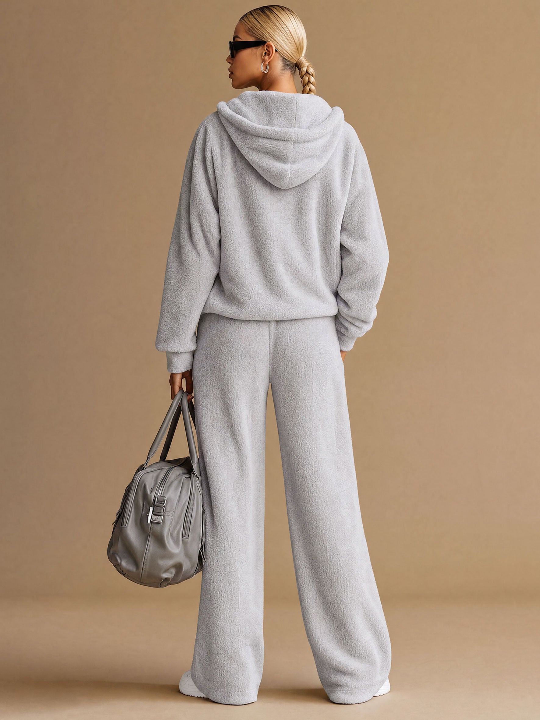 Casual Sporty Light Gray Fleece Zip-up Hoodie And Wide-leg Pants Set