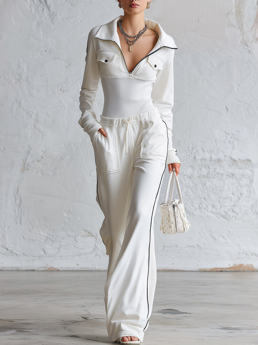 Elegant Sporty-trim Cream-white Top And Wide-leg Trousers Set