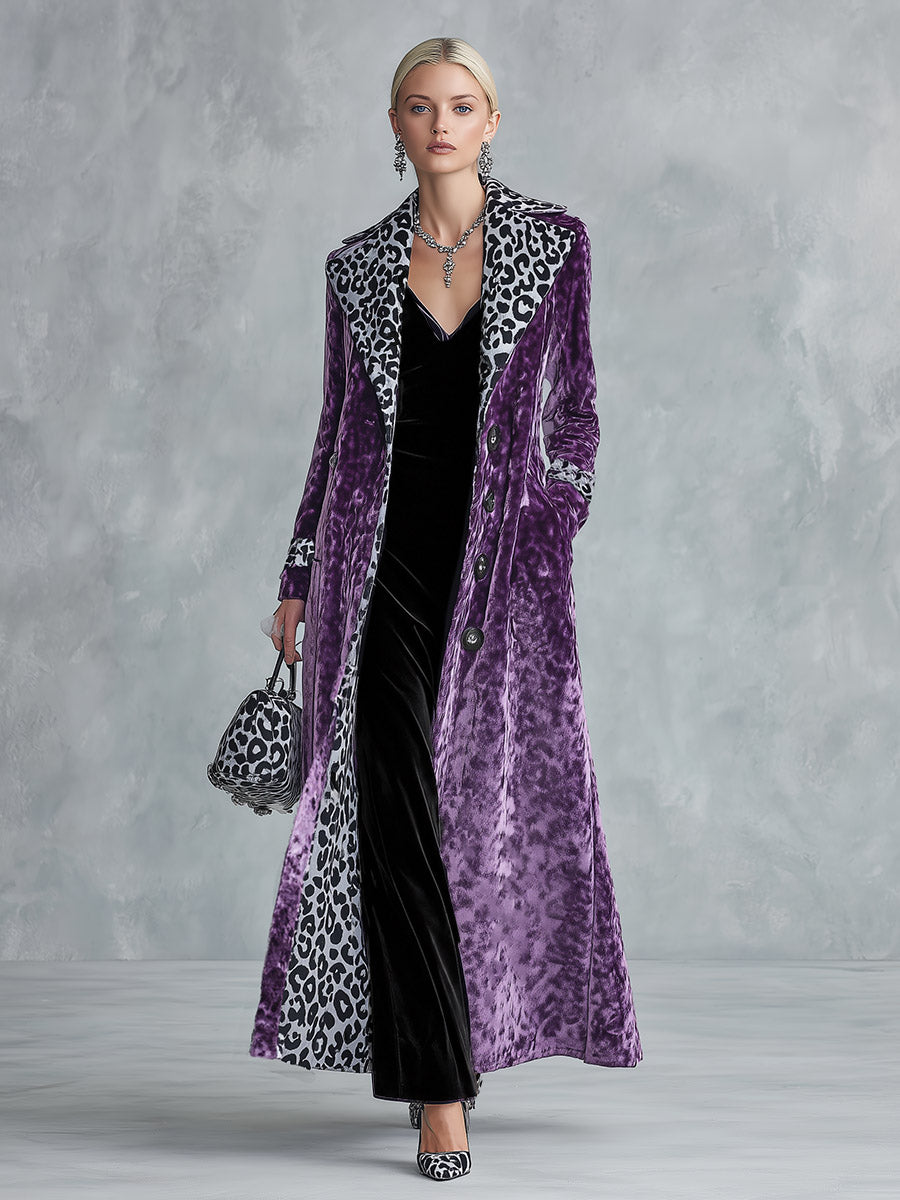 Vintage-style Leopard Print Lining Deep Plum-purple Velvet Coat