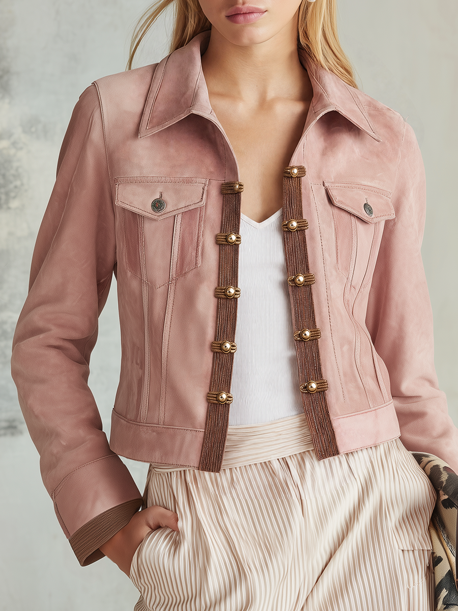 Pink Faux Suede Jacket With A Retro Casual And Elegant Style