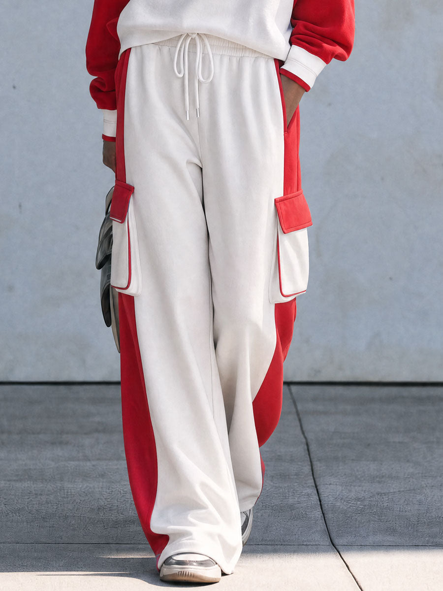 Fashionable Sporty Red And White Color-blocked Sweatshirt And Pants Set