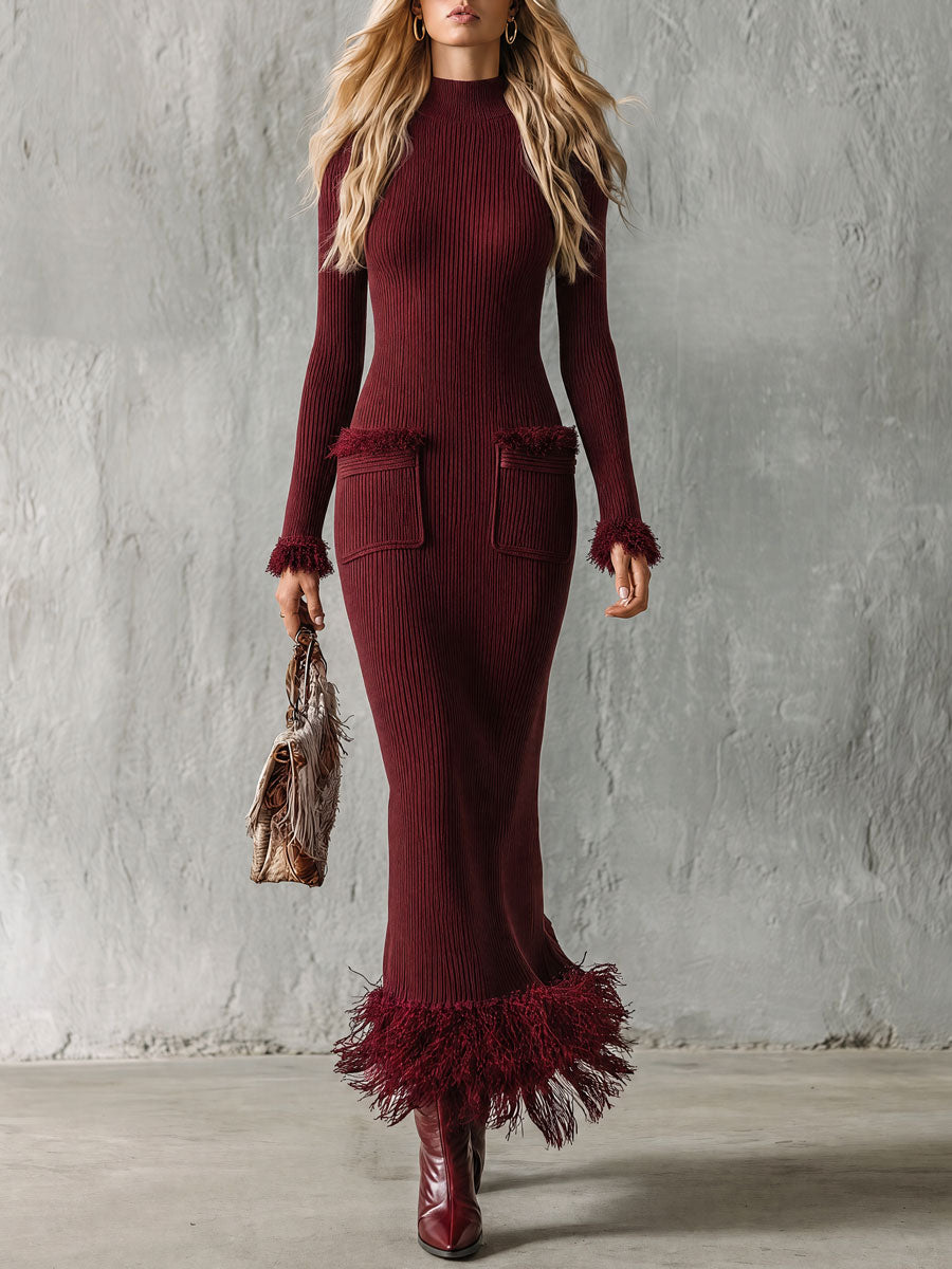 Retro Elegant Burgundy Round Neck Long-sleeved Tassel Pocket Knit Maxi Dress