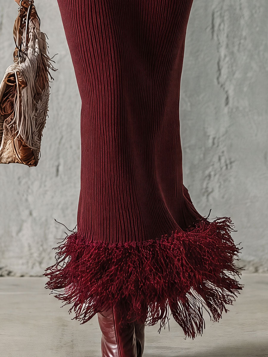 Retro Elegant Burgundy Round Neck Long-sleeved Tassel Pocket Knit Maxi Dress