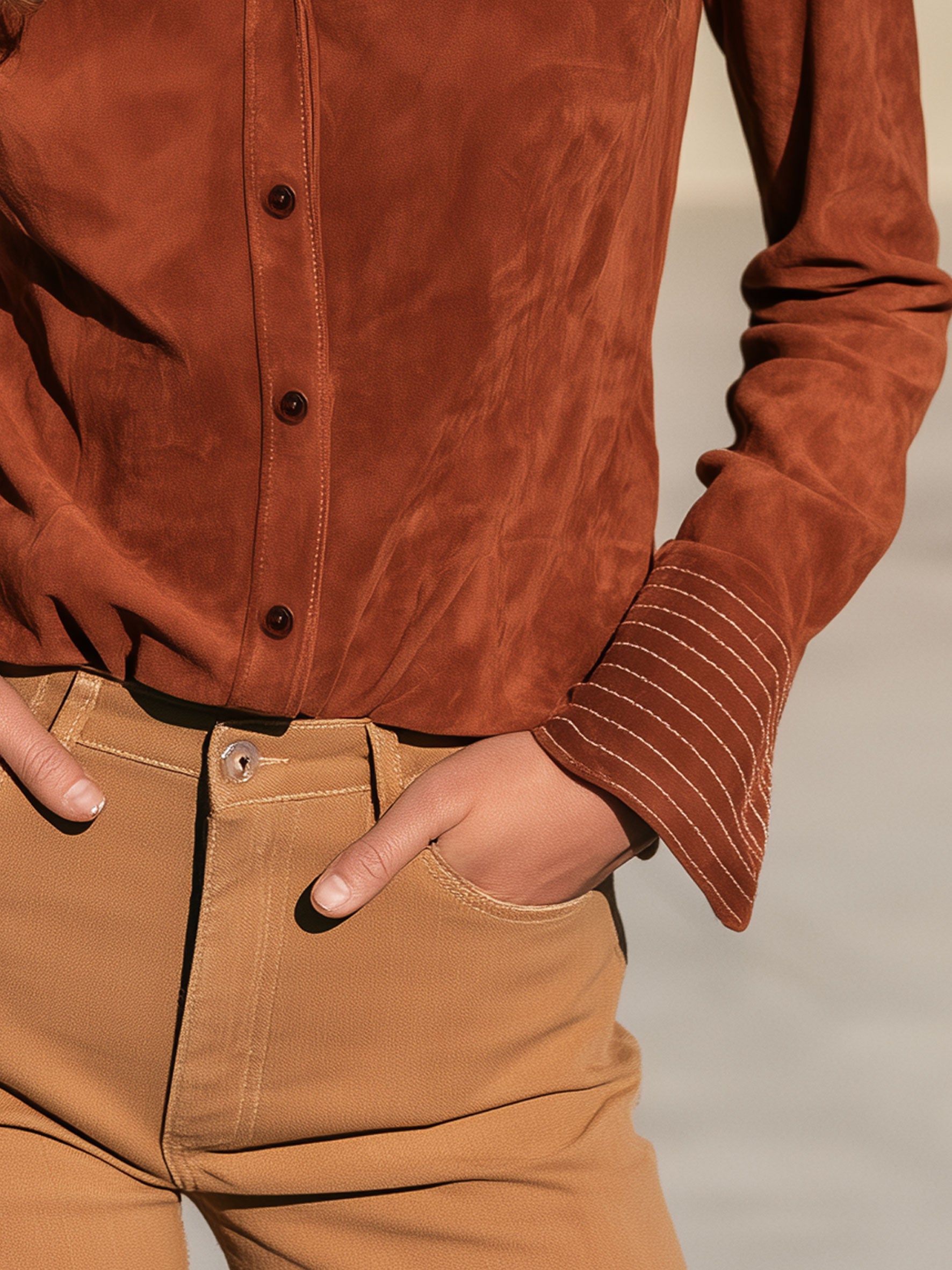 Casual Retro Brick Red Faux Suede Long-sleeved Shirt