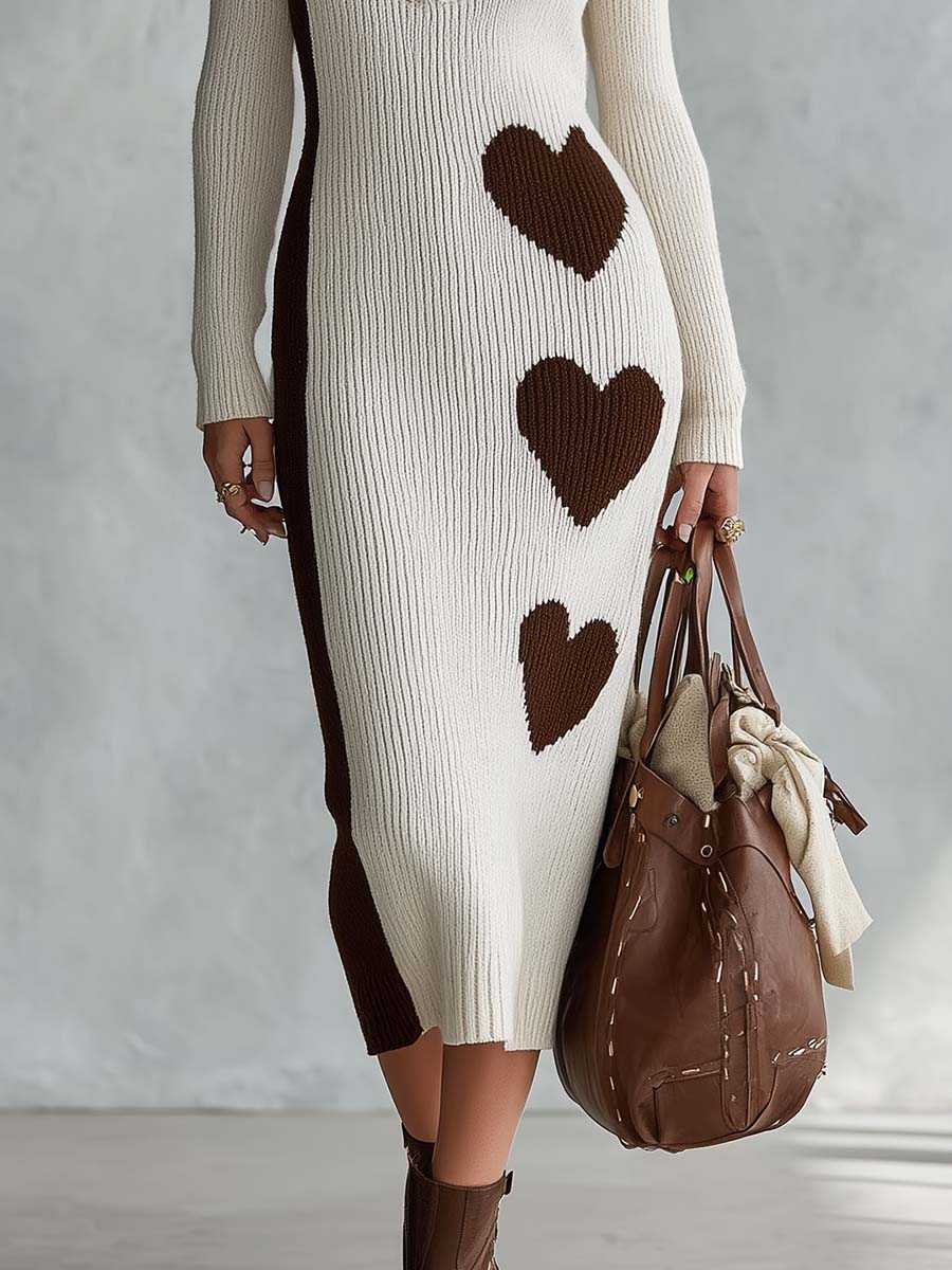 Elegant Retro Heart Pattern V-neck Cream Knitted Midi Dress