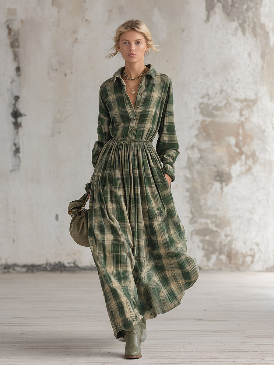 Vintage-style Green Plaid Print Matte Velvet Maxi Dress
