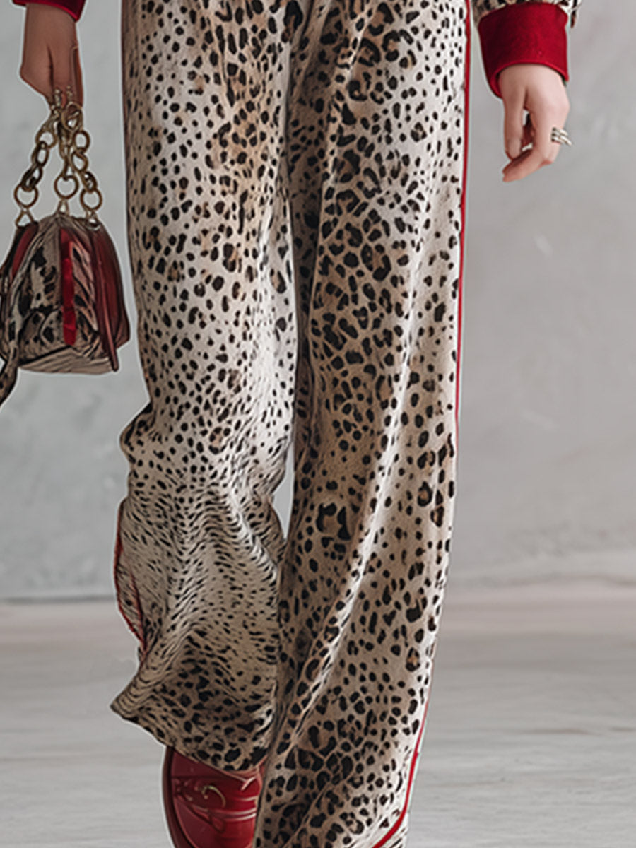 Retro Color-Block Trim Leopard Print Velvet Long-Sleeve Wide-Leg Jumpsuit