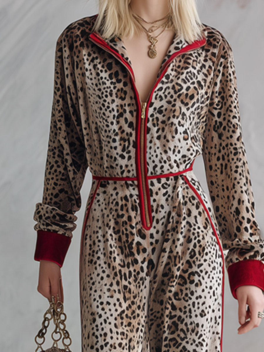Retro Color-Block Trim Leopard Print Velvet Long-Sleeve Wide-Leg Jumpsuit