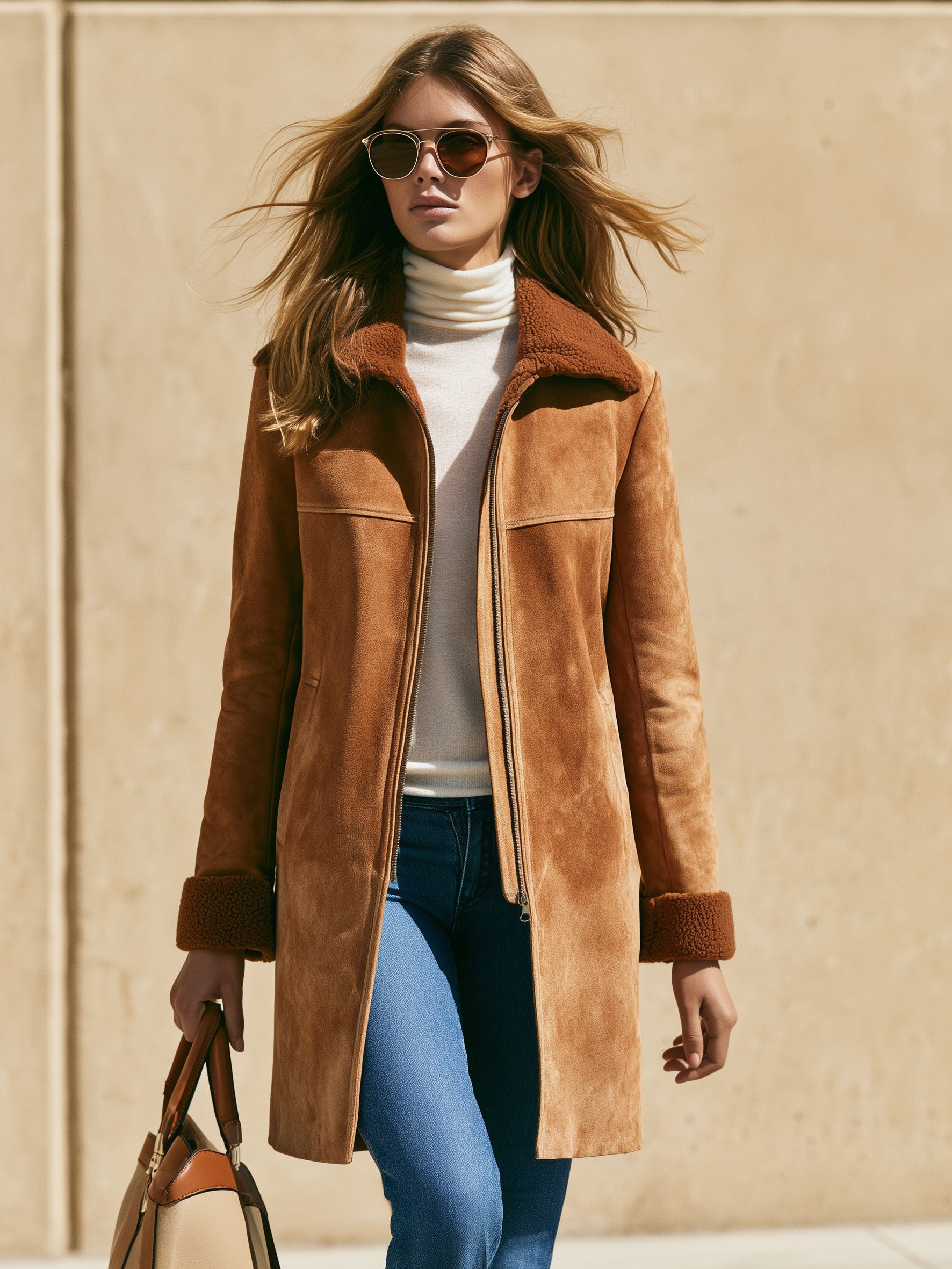 Casual Retro Fleece-lined Camel-colored Faux Suede Mid-length Coat