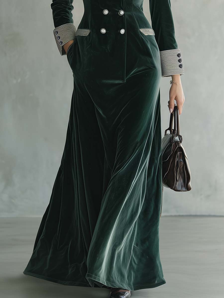 Elegant Retro Striped Lapel Double-breasted Dark Green Velvet Maxi Dress