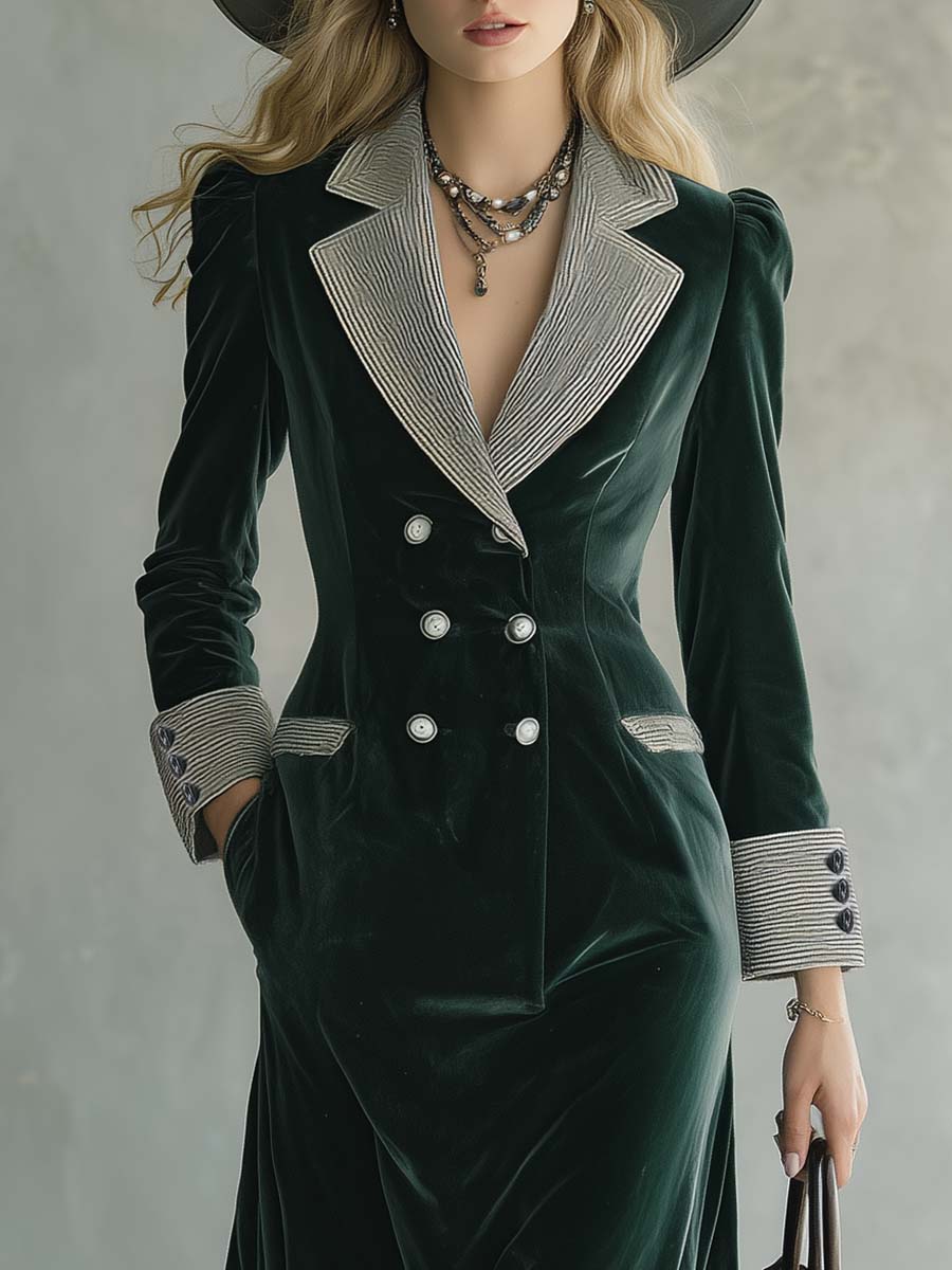 Elegant Retro Striped Lapel Double-breasted Dark Green Velvet Maxi Dress