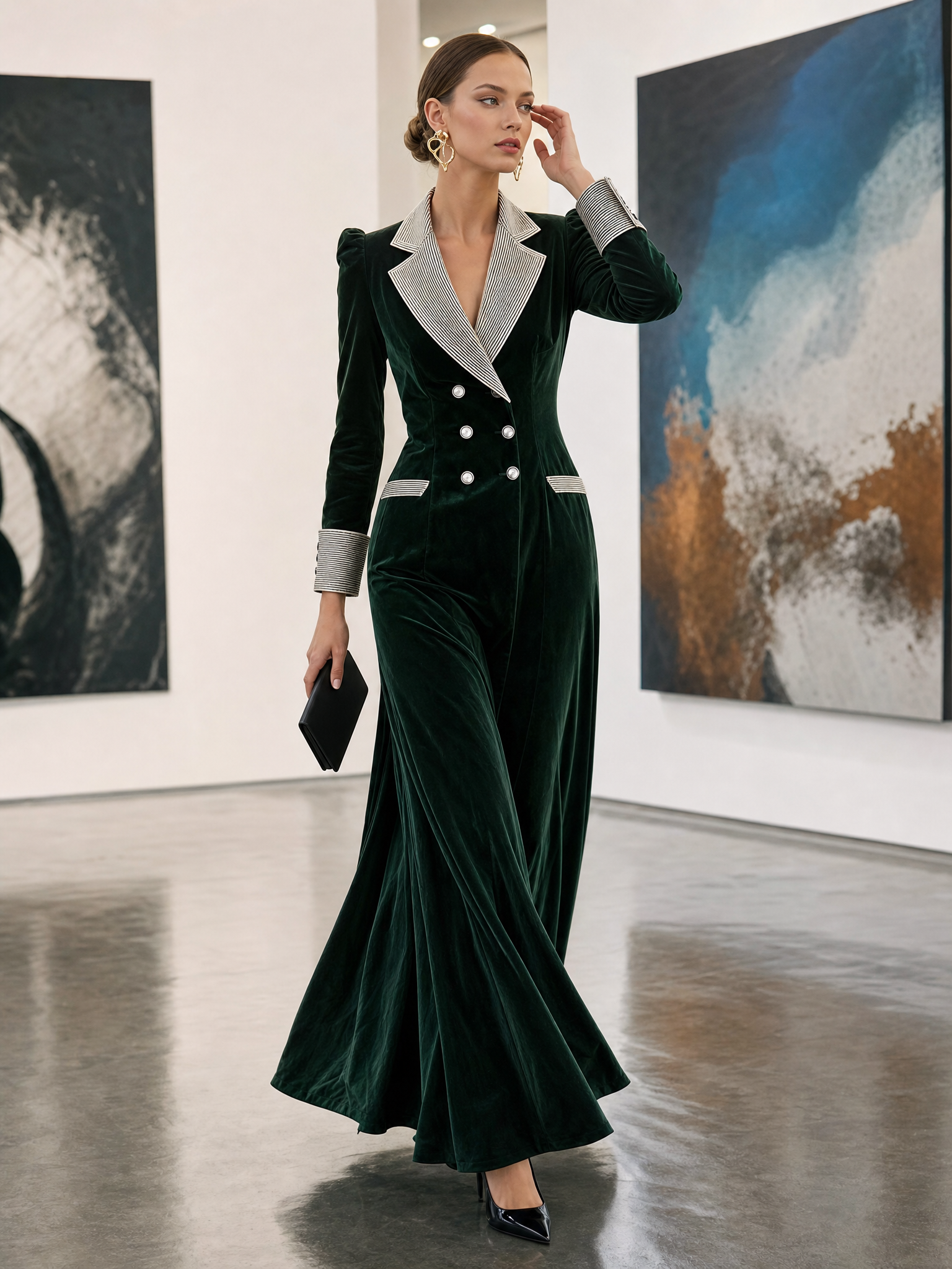 Elegant Retro Striped Lapel Double-breasted Dark Green Velvet Maxi Dress