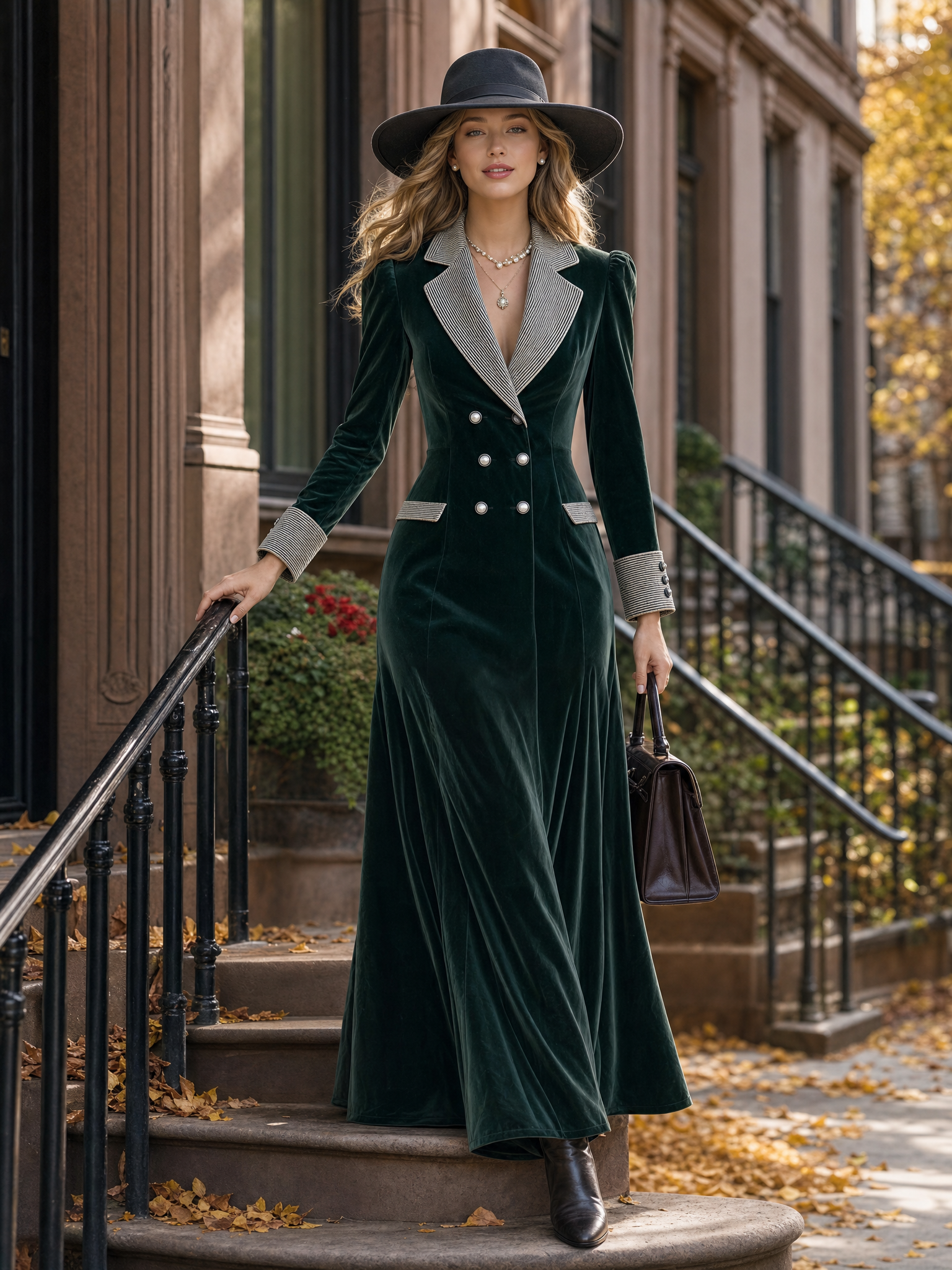 Elegant Retro Striped Lapel Double-breasted Dark Green Velvet Maxi Dress