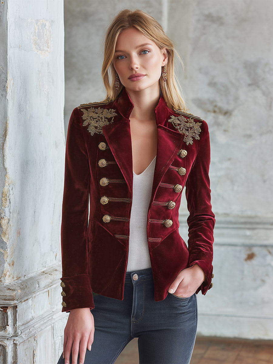 Elegant Luxurious Embroidered Burgundy Velvet Mandarin-collar Jacket