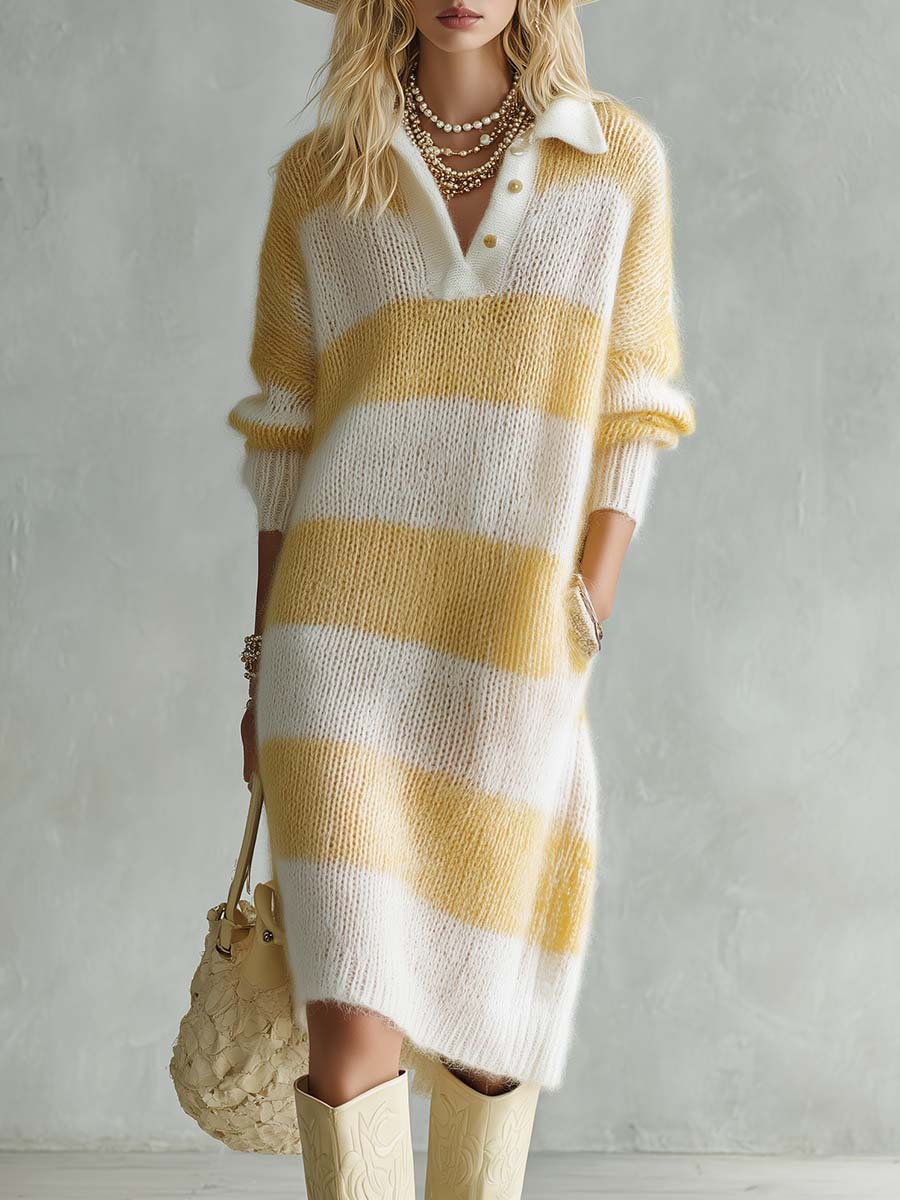 Lazy Fashion Polo Collar Yellow And White Stripes Knitted Midi Dress
