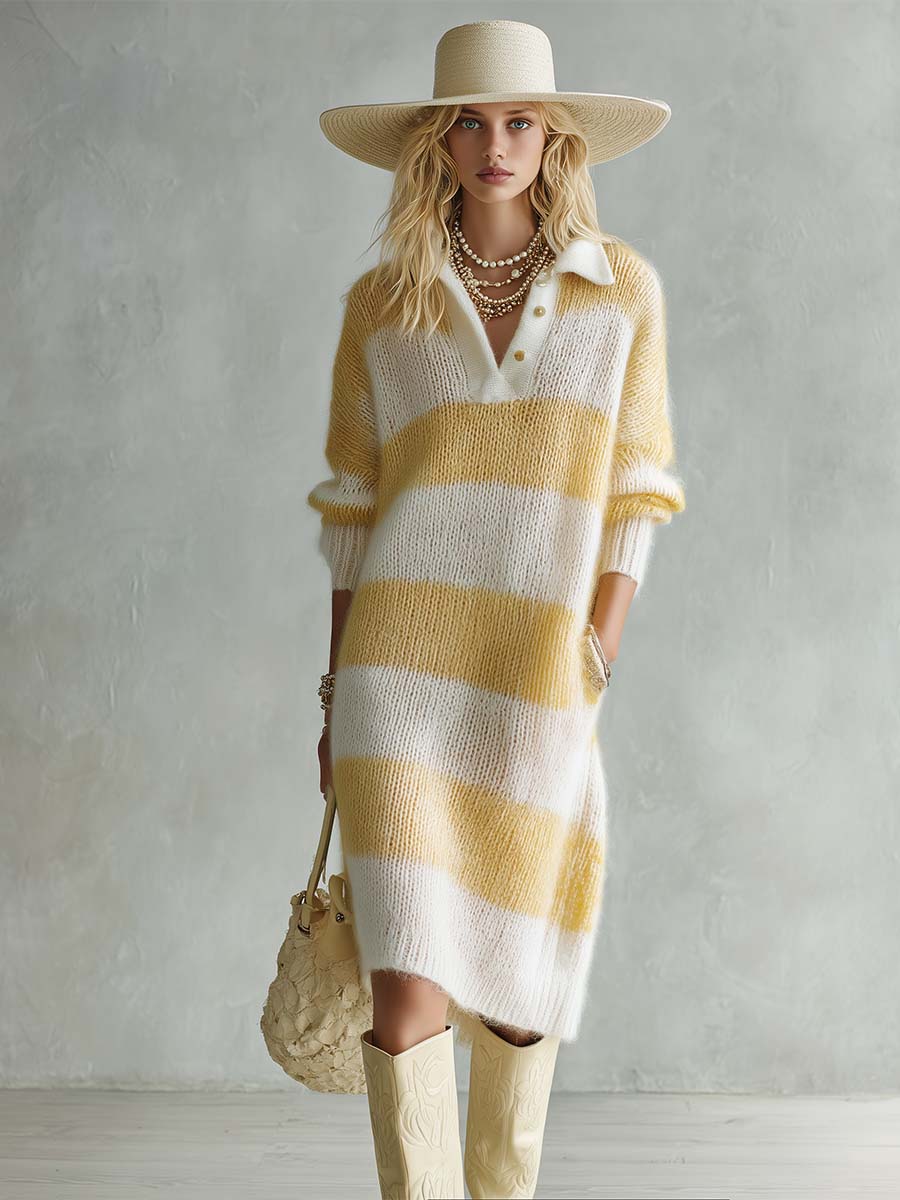 Lazy Fashion Polo Collar Yellow And White Stripes Knitted Midi Dress