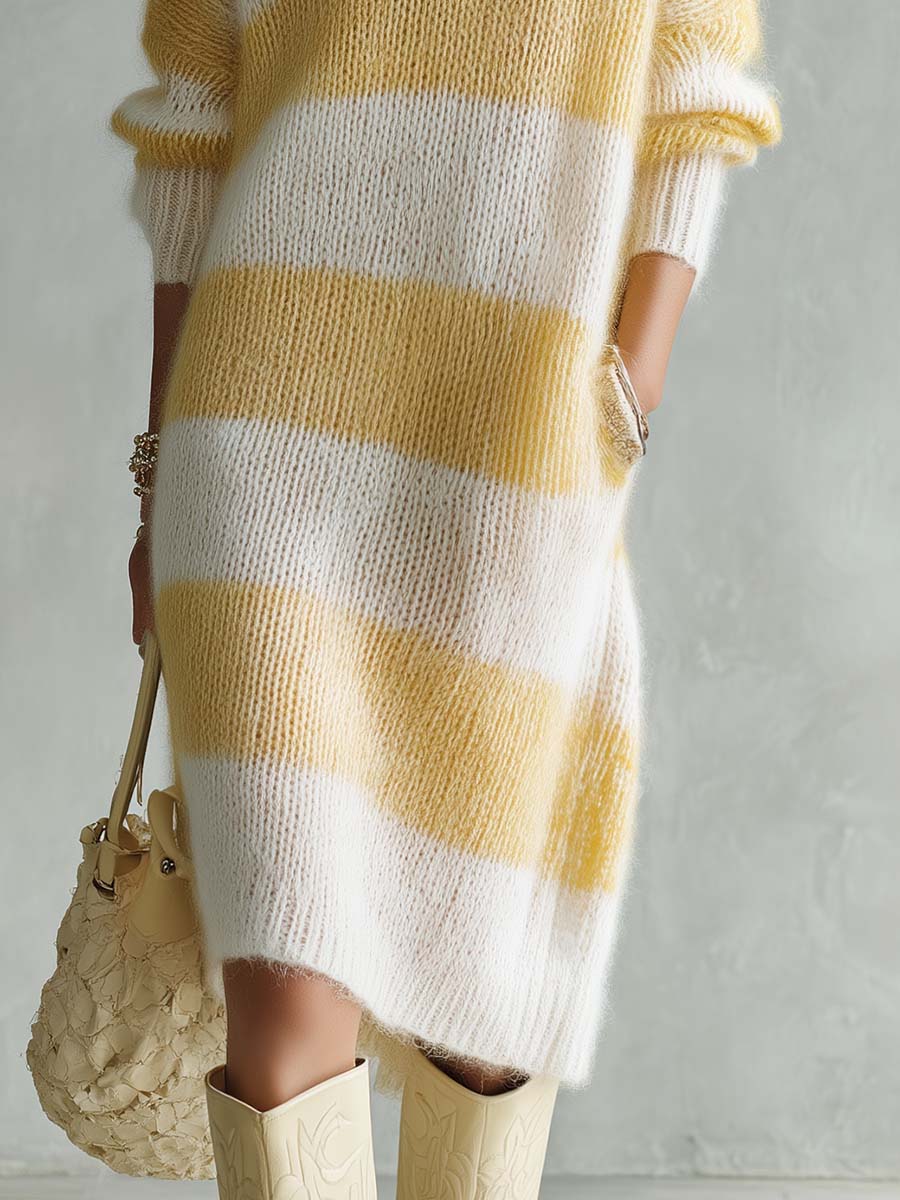 Lazy Fashion Polo Collar Yellow And White Stripes Knitted Midi Dress